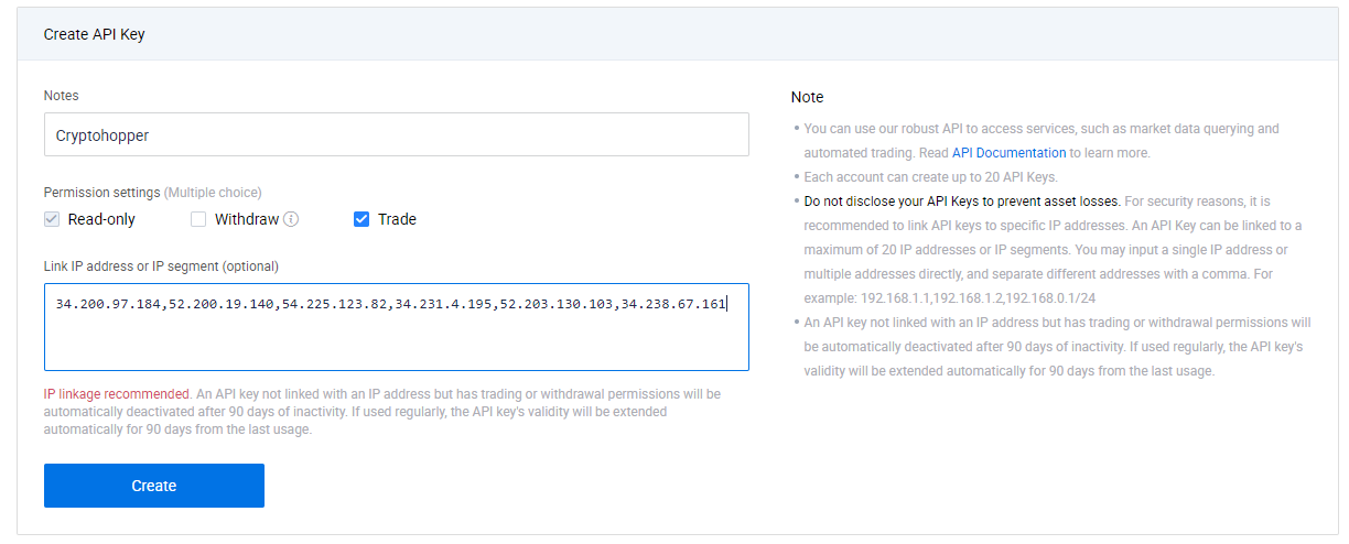 API Key permissions HTX Cryptohopper trading bot