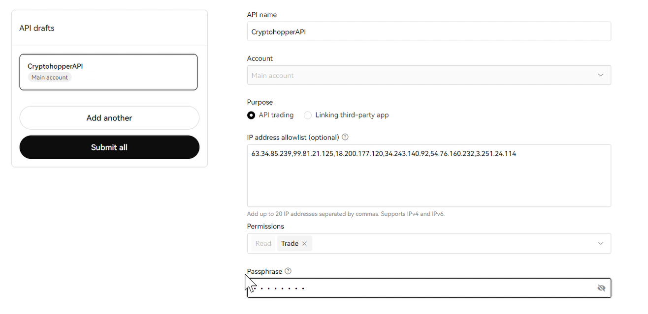 Configure new API Key OKX