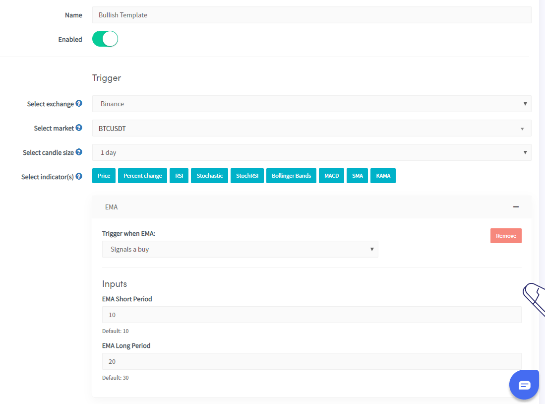 Bullish trigger example in Cryptohopper Technical Analysis Inputs