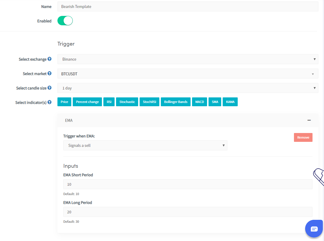 Bearish trigger example in Cryptohopper Technical Analysis Inputs