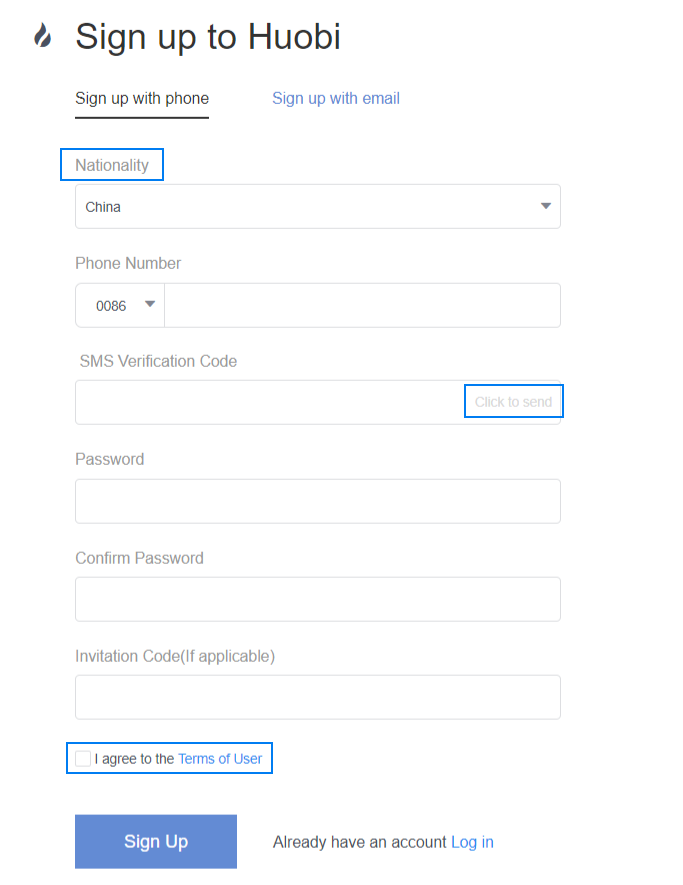 Huobi signup page