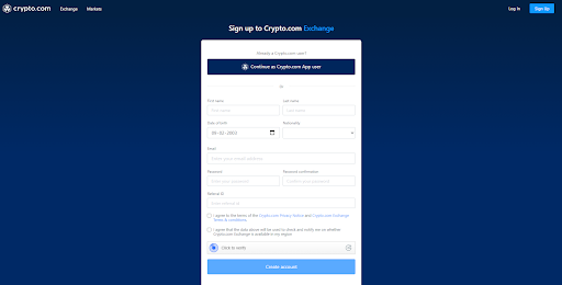 Sign up screen crypto.com 